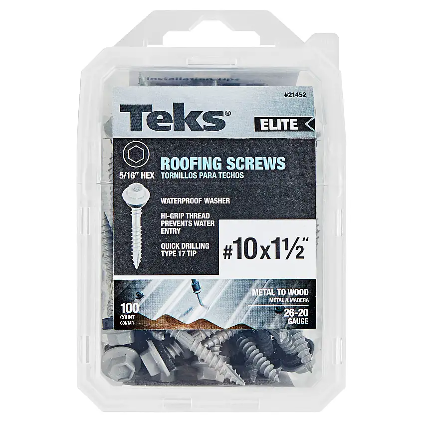 Teks 21452 #10 x 1-1/2” HEX WASHER HEAD SHARP PT METAL-TO-WOOD ELITE ROOFING SCREWS 100CT