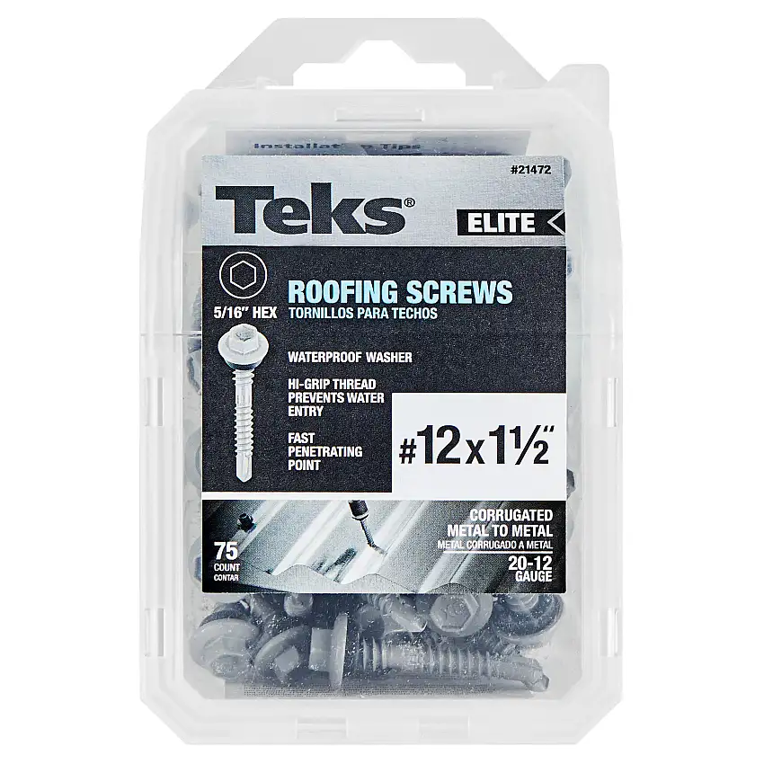 Teks 21472 #12 x 1-1/2” HEX WASHER HEAD DRILL PT METAL-TO-WOOD ELITE ROOFING SCREWS 75CT