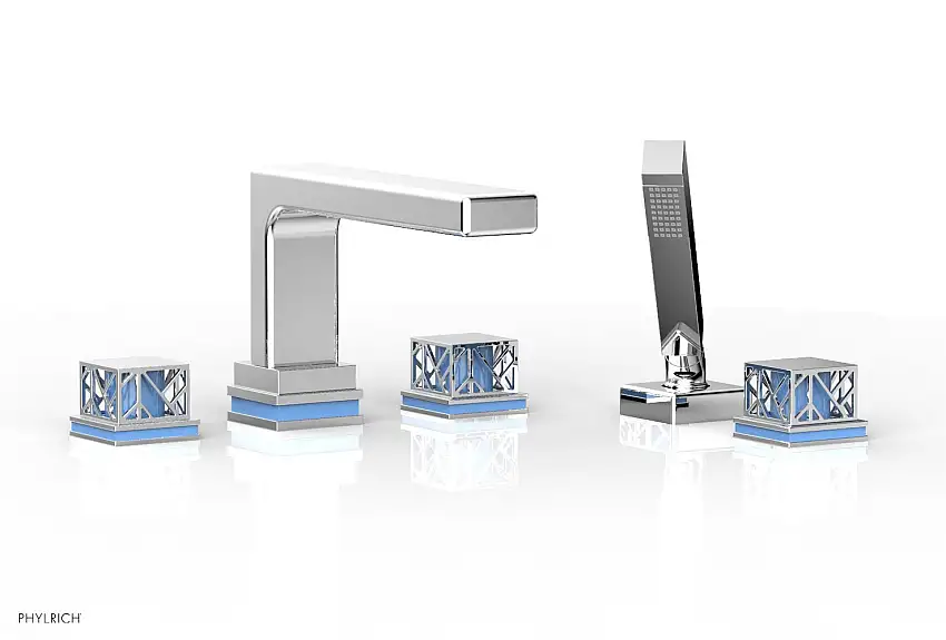 Phylrich JOLIE Deck Tub Set with Hand Shower - Square Handles with "Light Blue" Accents 222-49