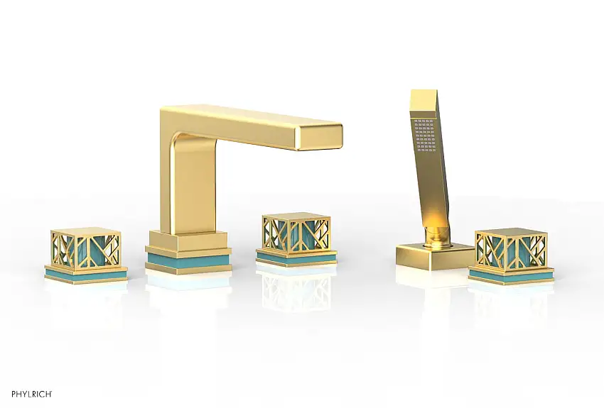 Phylrich JOLIE Deck Tub Set with Hand Shower - Square Handles with "Turquoise" Accents 222-49