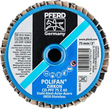 PFERD 42820 Mini Polifan Flap Disc | Arbor Hole | 3" Diameter | Zirconia Alumina 40 Grit | Type CD | Sold by Box of 10