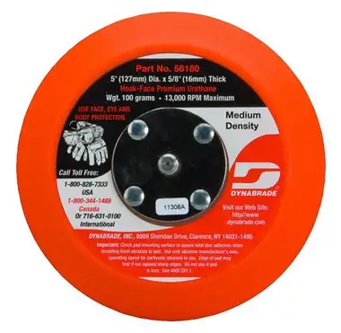 Dynabrade 56180 Non-Vacuum Disc Pad | 5" Pad Size | 5/8" Thickness | Hook-Face | Medium Density | Short Nap
