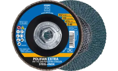 Pferd 60486 Polifan Flap Disc | 5/8-11" Arbor Hole | 4-1/2" Diameter | Zirconia Alumina 40 Grit | Type 27 | Sold by Box of 10