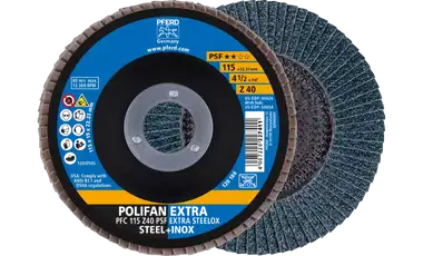 Pferd 60626 Polifan Flap Disc | 7/8" Arbor Hole | 4-1/2" Diameter | Zirconia Alumina 40 Grit | Type 29 | Sold by Box of 10