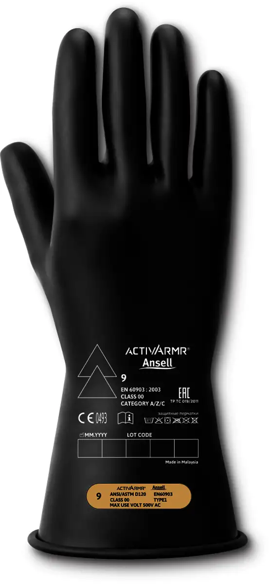 Ansell Size 10 Black ActivArmr Latex Rubber Class 00 Linesmen Gloves