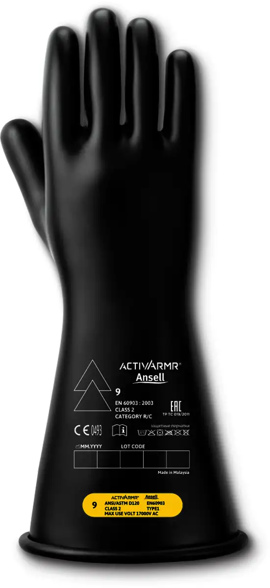 Ansell Size 10 Black ActivArmr Latex Rubber Class 2 Linesmen Gloves