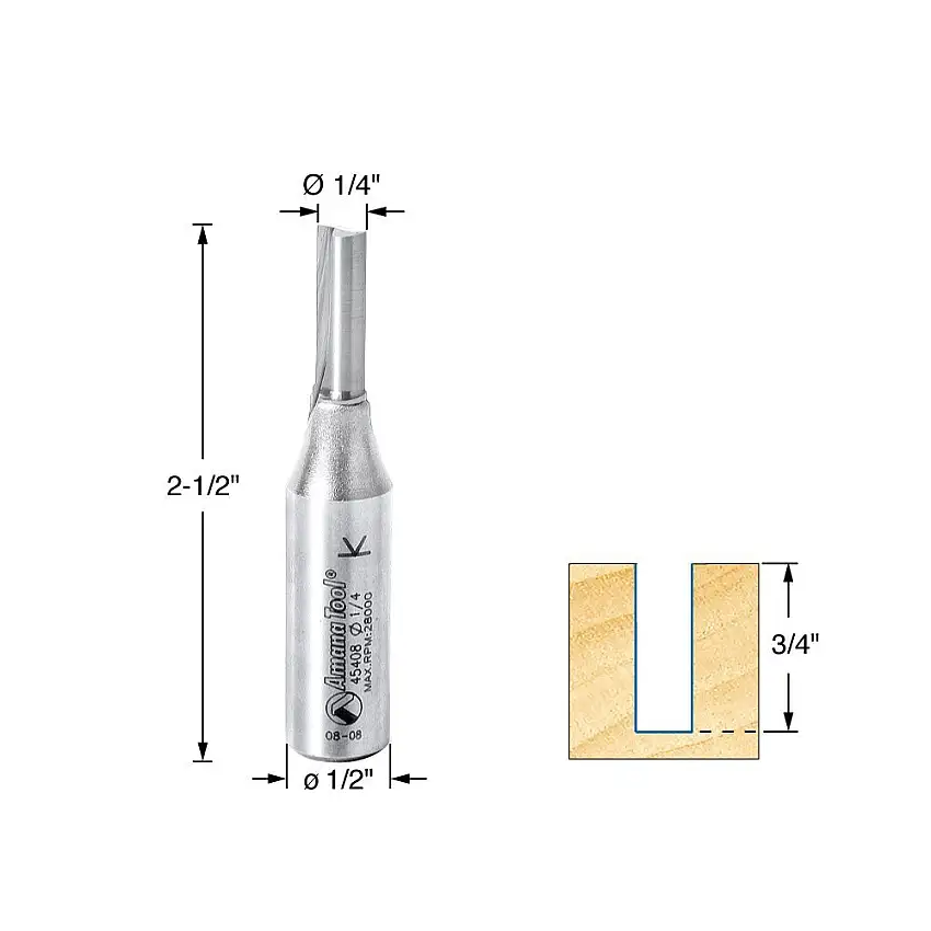 Amana Straight Plunge Bit, 2 Flute, 1/4"Dia, 1/2" Shank, 2-1/2" Length (45408)