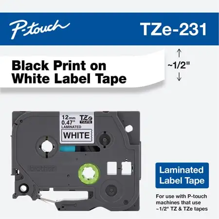 Brother TZE2312PKG Black on White Laminated Label Tape for P-Touch Label Printers - 0.47 Inch x 26.2 Inch - Single Pack