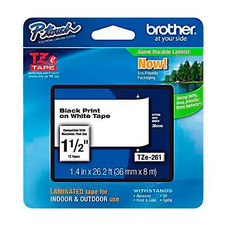 Brother TZe261 1.4 in x 26.2 ft ( 36 mm x 8 m) Black on White