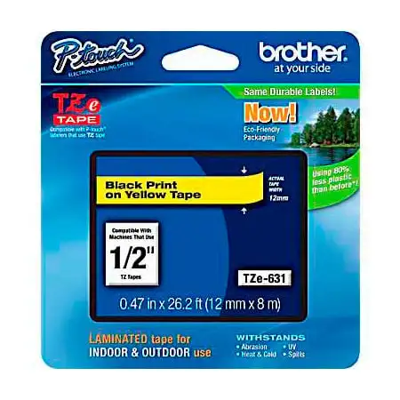 Brother TZe631 0.47in x 26.2 ft (12mm x 8m) Black on Yellow
