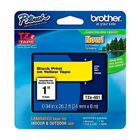 Brother TZe651 0.94in x 26.2 ft (24mm x 8 m) Black on Yellow
