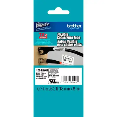 Brother TZeFX241 0.7 in x 26.2 ft (18 mm x 8 m) Black on White Flexible ID