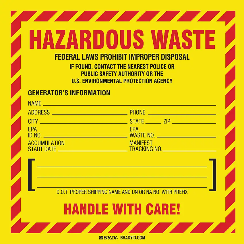 Brady® 6" X 6" Black/Red/Yellow Permanent Acrylic Vinyl Label (100 Per Pack) "FEDERAL LAWS PROHIBIT IMPROPER DISPOSAL IF FOUND, CONTACT THE NEAREST POLICE OR PUBLIC SAFETY AUTHORITY, THE U.S. ENVIRONMENTAL PROTECTION AGENCY OR THE CALIFORNIA"