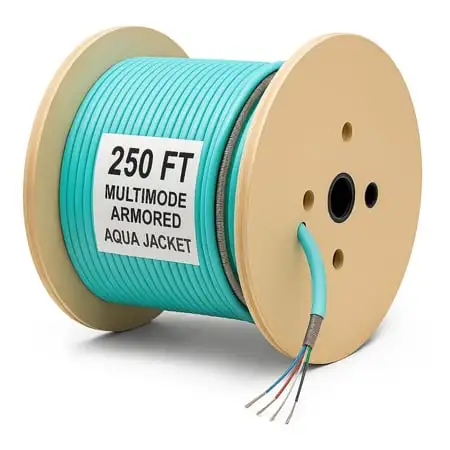 nanoFIBER 12 Strand Steel Armored OM3 50/125 Tight Buffer 900u Indoor/Outdoor Multimode Fiber Cable - Aqua - 250 Foot