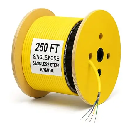 nanoFIBER 12-Strand Stainless Steel Armored Tight Buffer 900u Indoor/Outdoor Plenum SM Fiber Cable - Yellow - 250 Foot