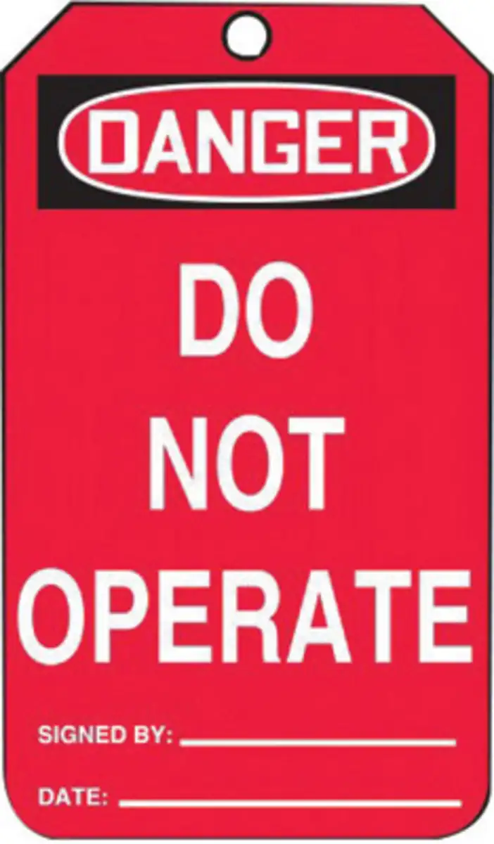 AccuformNMC 5 3/4" X 3 1/4" Black/Red/White RP-Plastic Safety Tag "DANGER DO NOT OPERATE SIGNED BY:___DATE:___/DANGER DO NOT REMOVE THIS TAG! TO DO SO WITHOUT AUTHORITY WILL MEAN DISCIPLINARY ACTION! IT IS HERE FOR A PURPOSE REMARKS:___"
