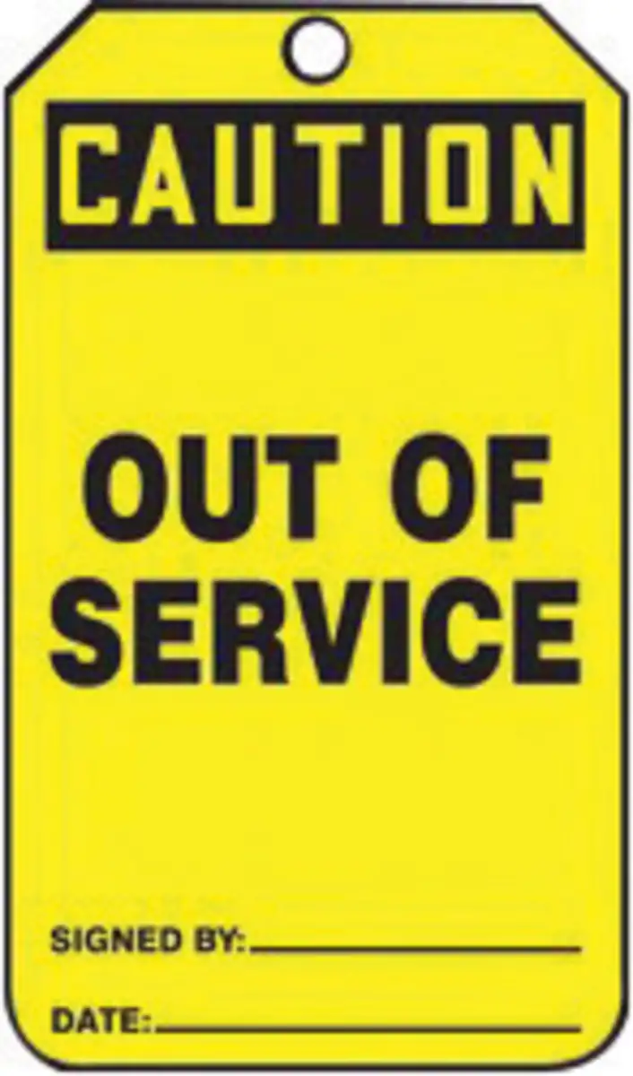 AccuformNMC 5 3/4" X 3 1/4" Black/Yellow PF-Cardstock Safety Tag "CAUTION OUT OF SERVICE SIGNED BY:___DATE:___/CAUTION DO NOT REMOVE THIS TAG! TO DO WO WITHOUT AUTHORITY WILL MEAN DISIPLINARY ACTION! IT IS HERE FOR A PURPOSE REMARKS:___"