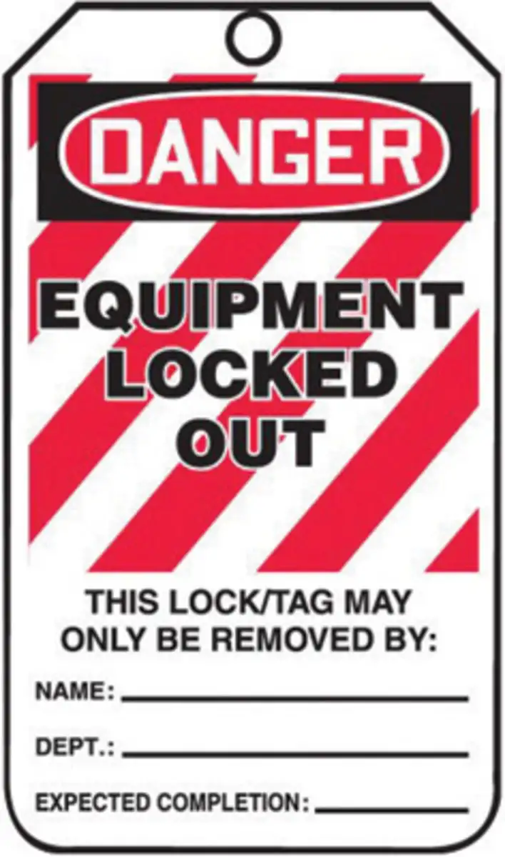 AccuformNMC 5 3/4" X 3 1/4" Black/Red/White RP-Plastic Lockout/Tagout Tag "DANGER EQUIPMENT LOCKED OUT THIS LOCK/TAG MAY ONLY BE REMOVED BY: NAME___DEPT.:___EXPECTED COMPLETION:___/DANGER THIS ENERGY SOURCE HAS BEEN LOCKED OUT!..."