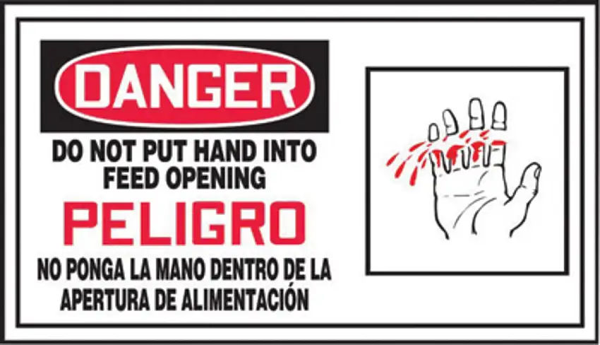 AccuformNMC 4" X 7" Black/Red/White Vinyl Equipment Safety Label "DANGER DO NOT PUT HAND INTO FEED OPENING (Spanish Bilingual With Graphic)"