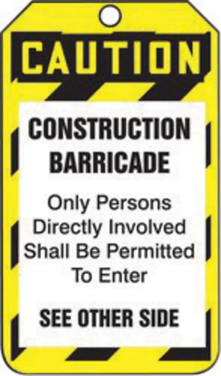 Accuform Signs 5 34 X 3 14 White Black And Yellow 15 mil RPPlastic Tag CAUTION CONSTRUCTION BARRICADE With Metal Grommeted 38 Reinforced Hole 25 Per Pack