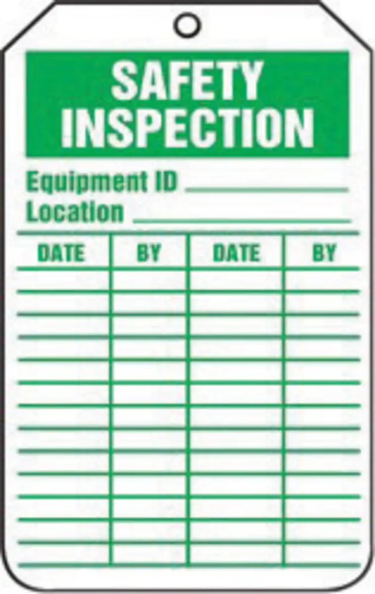 AccuformNMC 5 3/4" X 3 1/4" Green/White RP-Plastic Equipment Status Tag "SAFETY INSPECTION EQUIPMENT ID___LOCATION___DATE___BY___DATE___BY___/DATE___BY___DAGE___BY___"