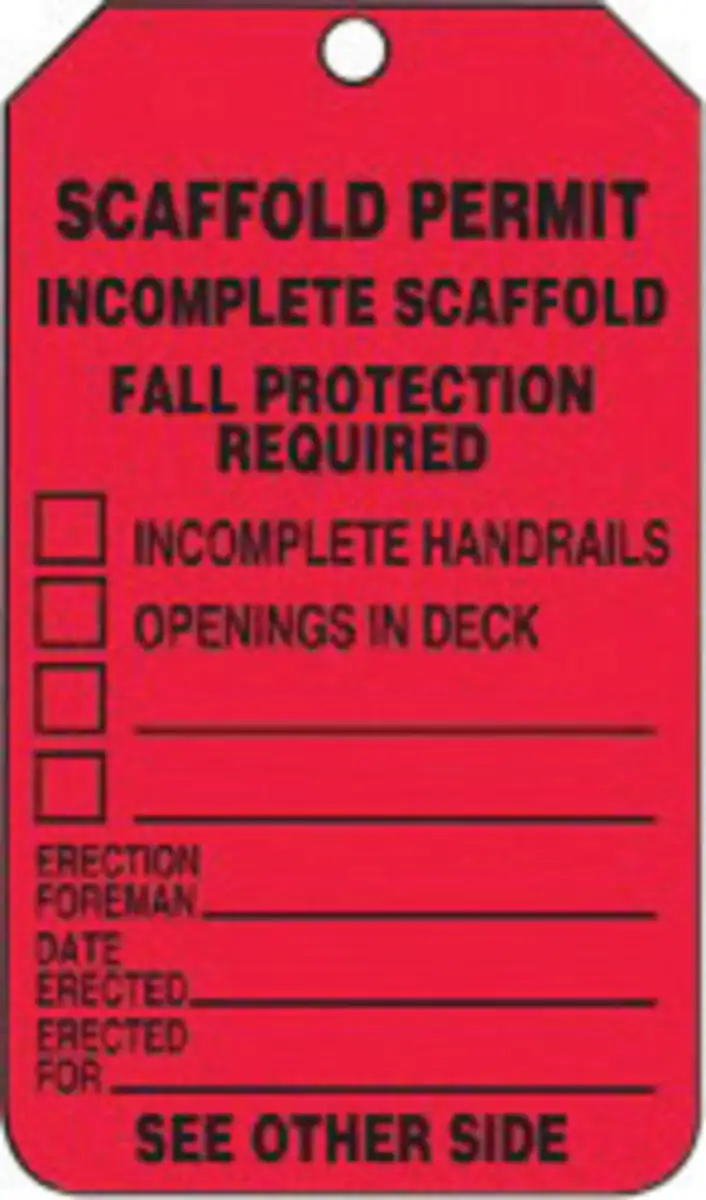 Accuform Signs 5 34 X 3 14 Black And Red 10 mil PFCardstock Scaffold Status Tag SCAFFOLD PERMIT INCOMPLETE SCAFFOLD FALL PROTECTION REQUIRED With 38 Plain Hole 25 Per Pack
