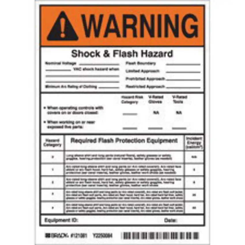 Brady 7 X 5 Black Vinyl Label WARNING SHOCK And FLASH HAZARD FLASH BOUNDARY VAC SHOCK HAZARD WHEN