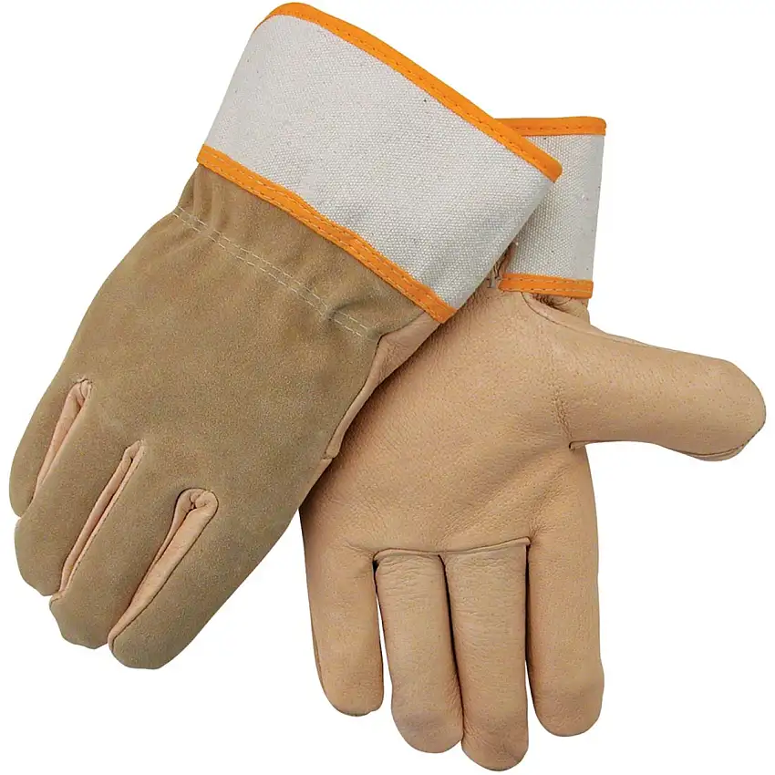 Black Stallion  Large Brown Grain Pigskin Leather Palm Gloves With Leather Back And Gauntlet Cuff