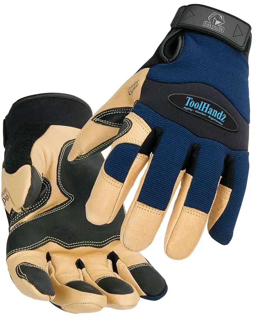 Black Stallion® X-Large Tan And Blue Grain Pigskin Leather Palm Gloves With Cotton Back And Plasticized Safety Cuff