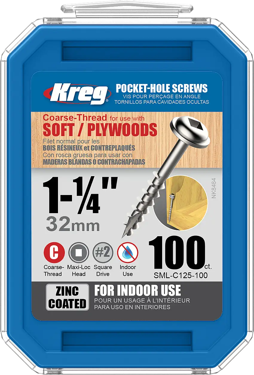 Kreg Zinc Pocket-Hole Screws 1-1/4", #8 Coarse, Washer-Head, 100 Count (SML-C125-100)