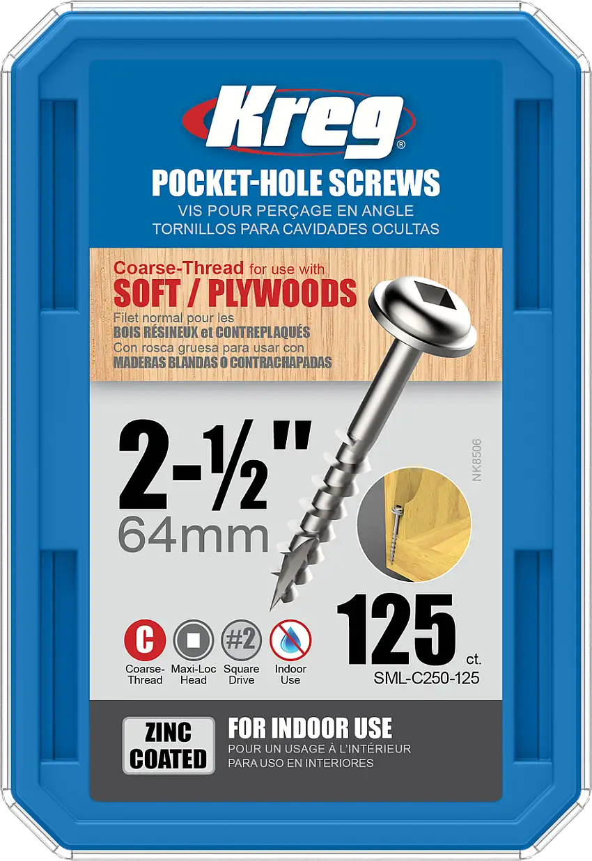 Kreg Zinc Pocket-Hole Screws 2-1/2", #8 Coarse, Washer Head, 125 Count (SML-C250-125)