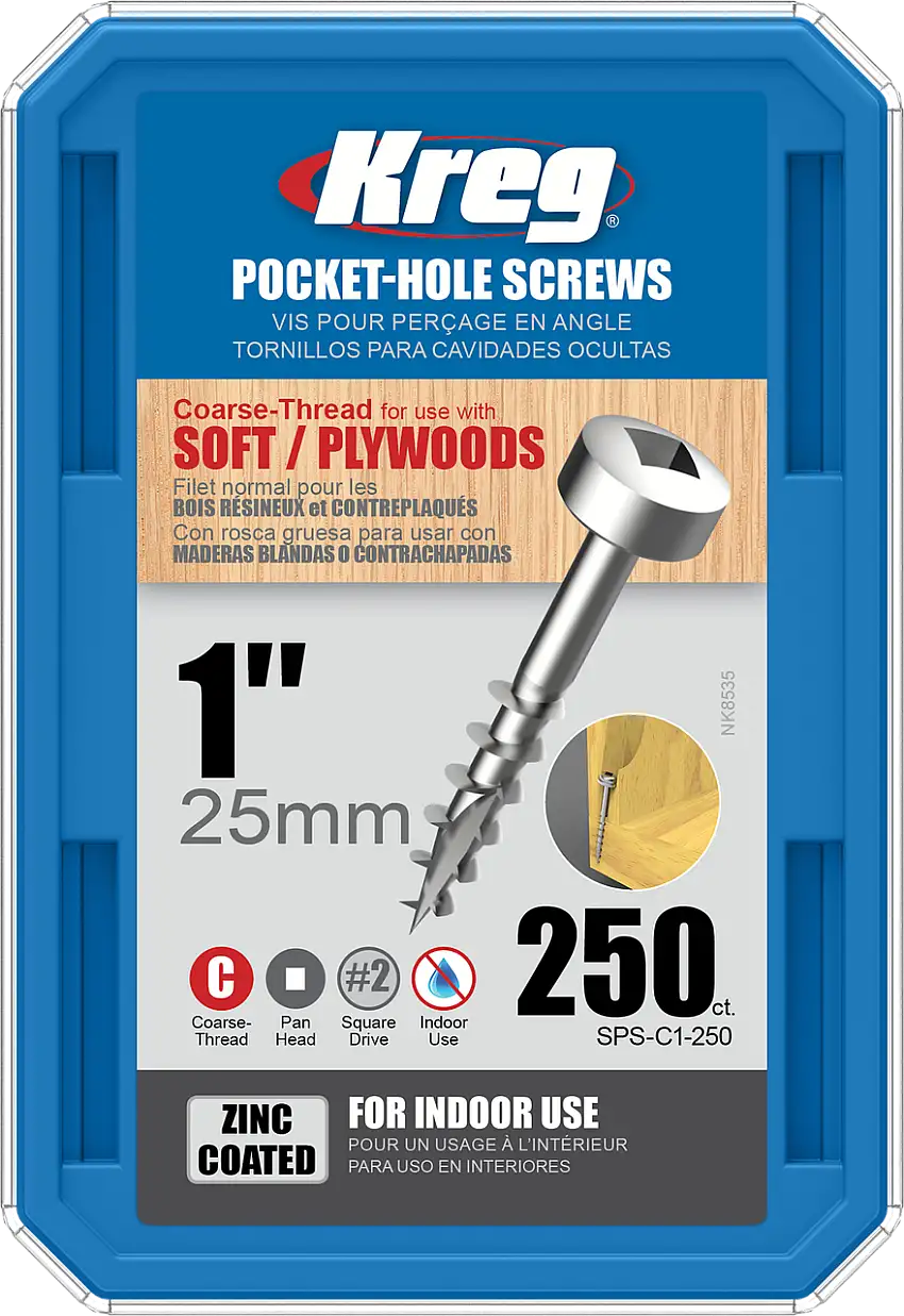 Kreg Zinc Pocket-Hole Screws 1", #7 Coarse, Pan-Head, 250 Count (SPS-C1-250)
