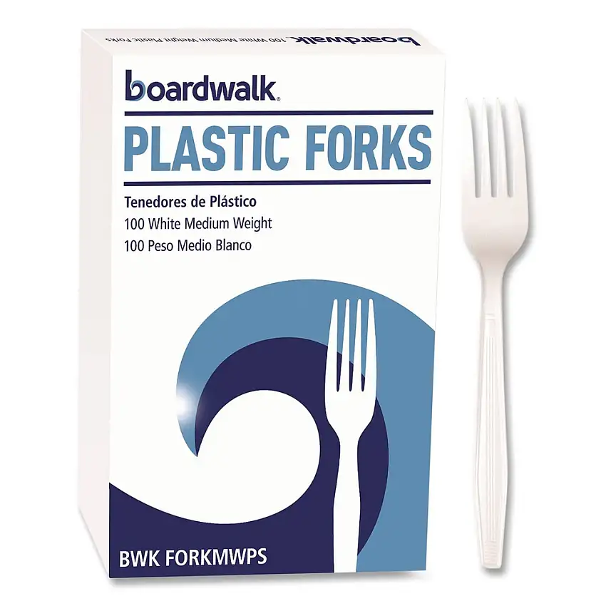 Boardwalk BWK FORKMWPS Mediumweight Polystyrene Plastic Fork Cutlery - White (100/Box)