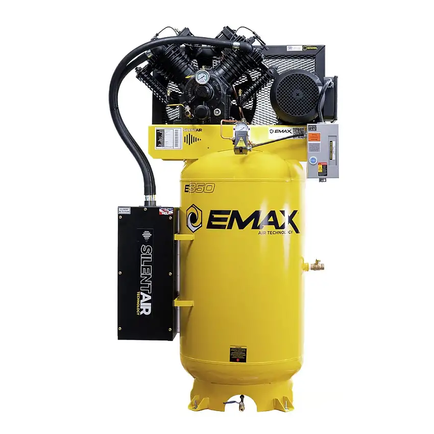 EMAX E350 Series 10 HP 80 gal. Industrial 2 Stage V4 Pressure Lubricated Single Phase Patented SILENT Air Compressor - ES10V080V1