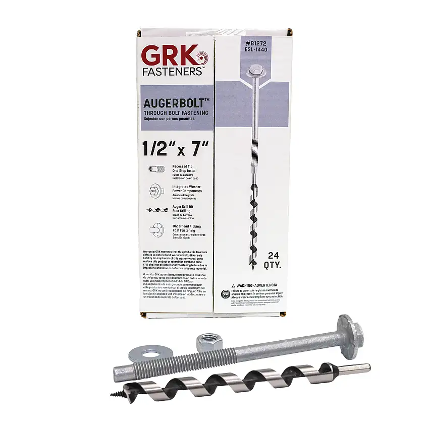 GRK Fasteners AugerBolt™ Through Bolt Fastening System, Galvanized Heavy-Duty Carriage Bolts, Rust & Corrosion Resistance for Post-to-Beam Connections, 24 Bolts with Drill Bit, Hex Nuts, & Washers