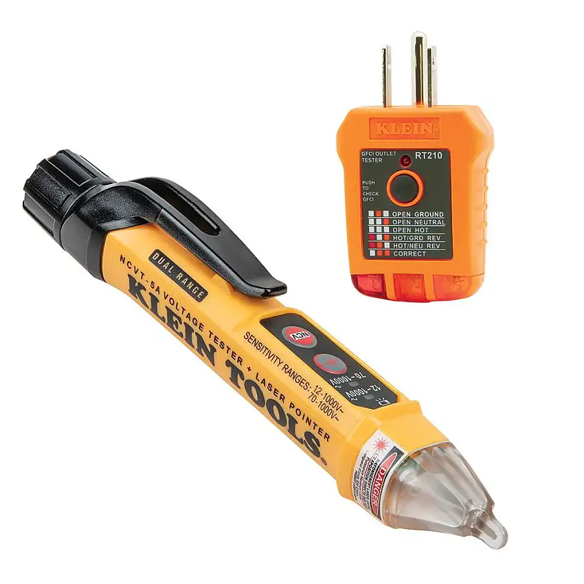 Klein Tools Dual Range Cordless Non-Contact Voltage Tester Kit and GFCI Receptacle with 2 Batteries - NCVT5KIT