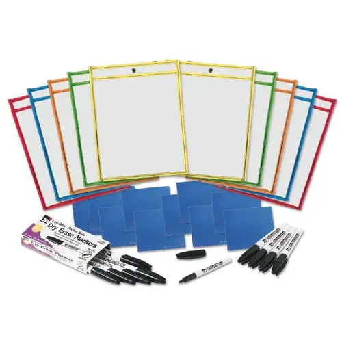 Charles Leonard 10.5 in. x 1.5 in. Dry Erase Pocket Class Pack Kit - Assorted (10/Kit)