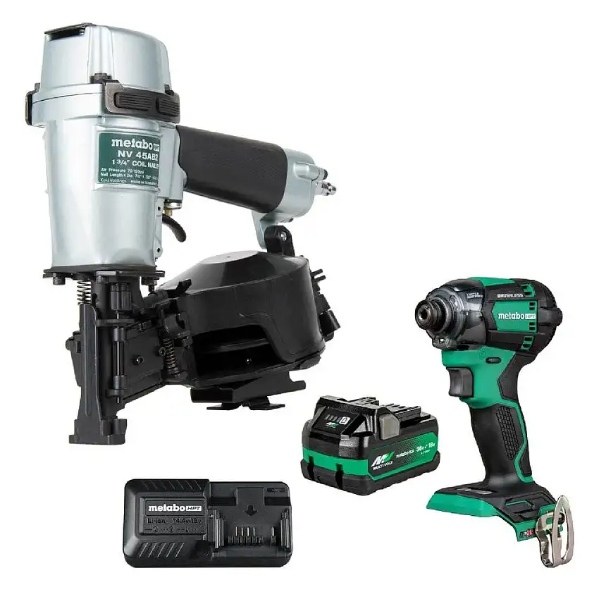 Metabo HPT Pneumatic Roofing Nailer and 18V Impact Driver Pro Bundle Kit (5 Ah) - KNV45AB2M