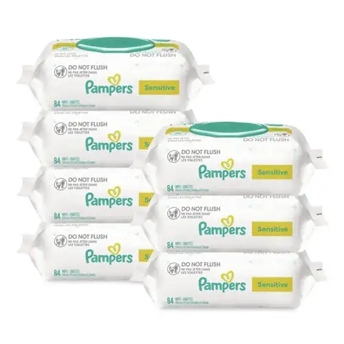 Pampers 80715533 1-Ply 6.7 in. x 7 in. Sensitive Baby Wipes - Unscented, White (7/Carton)