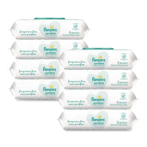 Pampers 80741436 1-Ply 6.8 in. x 7 in. Unscented Sensitive Baby Wipes - White (8/Carton)
