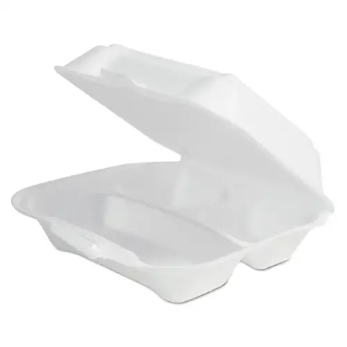 Plastifar 12039 7.81 in. x 8.75 in. x 3.38 in. Secure One Tab Latch 3 Compartments Foam Hinged Lid Container - White (200/Pack)