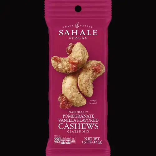 Sahale Snacks 9386900328 1.5 oz Bag Pomegranate Vanilla Glazed Mix Cashews (18/Carton)