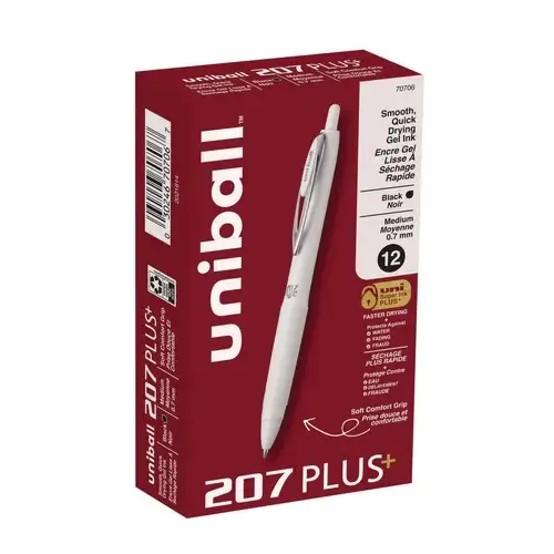 uni-ball Medium 0.7 mm 207 Plusplus Retractable Gel Pen - Black Ink, White Barrel (1-Dozen)