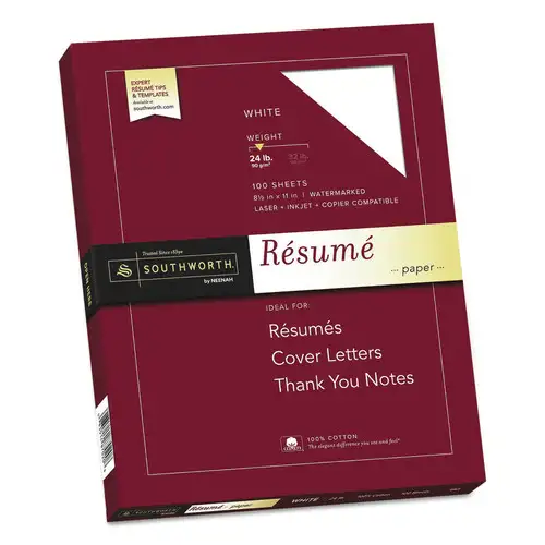 Southworth 24 lbs. Bond Weight 95 Bright 100% Cotton 8.5 in. x 11 in. Resume Paper - White (100/Box)