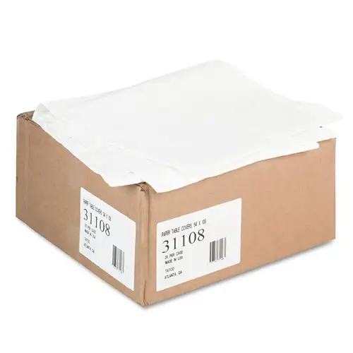 Tatco 54 in. x 108 in. Embossed Paper with Plastic Liner Paper Table Cover - White (20/Carton)