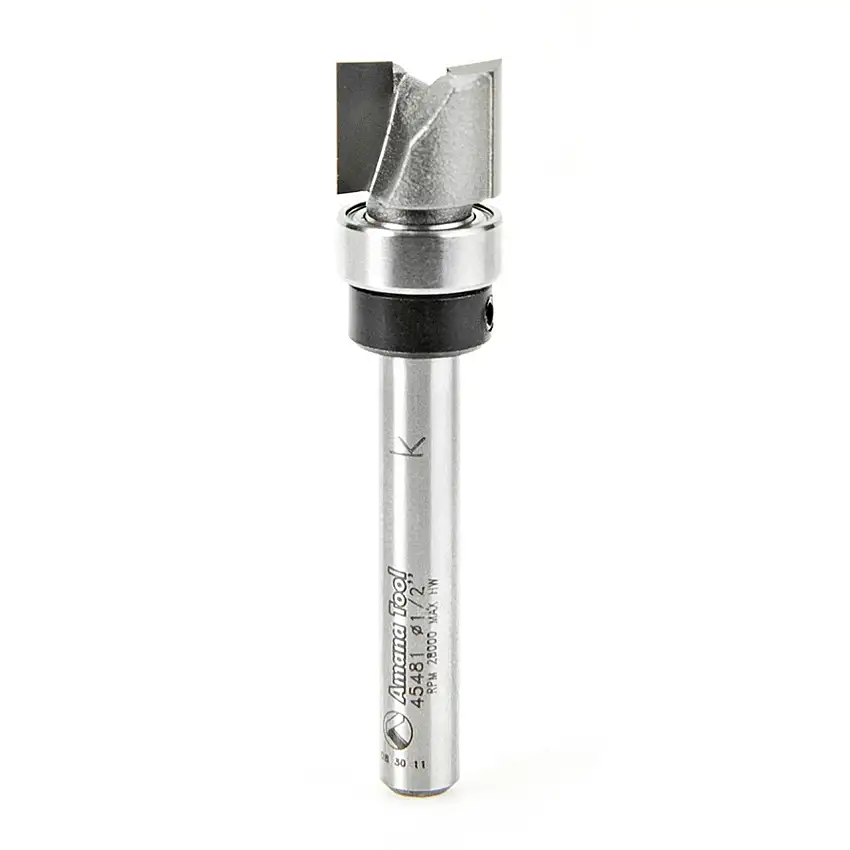 Amana Carbide Tipped Flush Trim Plunge Template Bit w/ Upper Ball Bearing Router Bit, 2 Flute, 1/2" Dia, 1/4" Shank, 2-1/4" Length (45481)