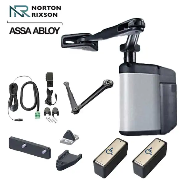 Norton - 5845 - Regenerative Door Operator ADAEZ PRO COMPLETE Kit - Push & Pull Mounting - Narrow Buttons - Satin Aluminum - Grade 1