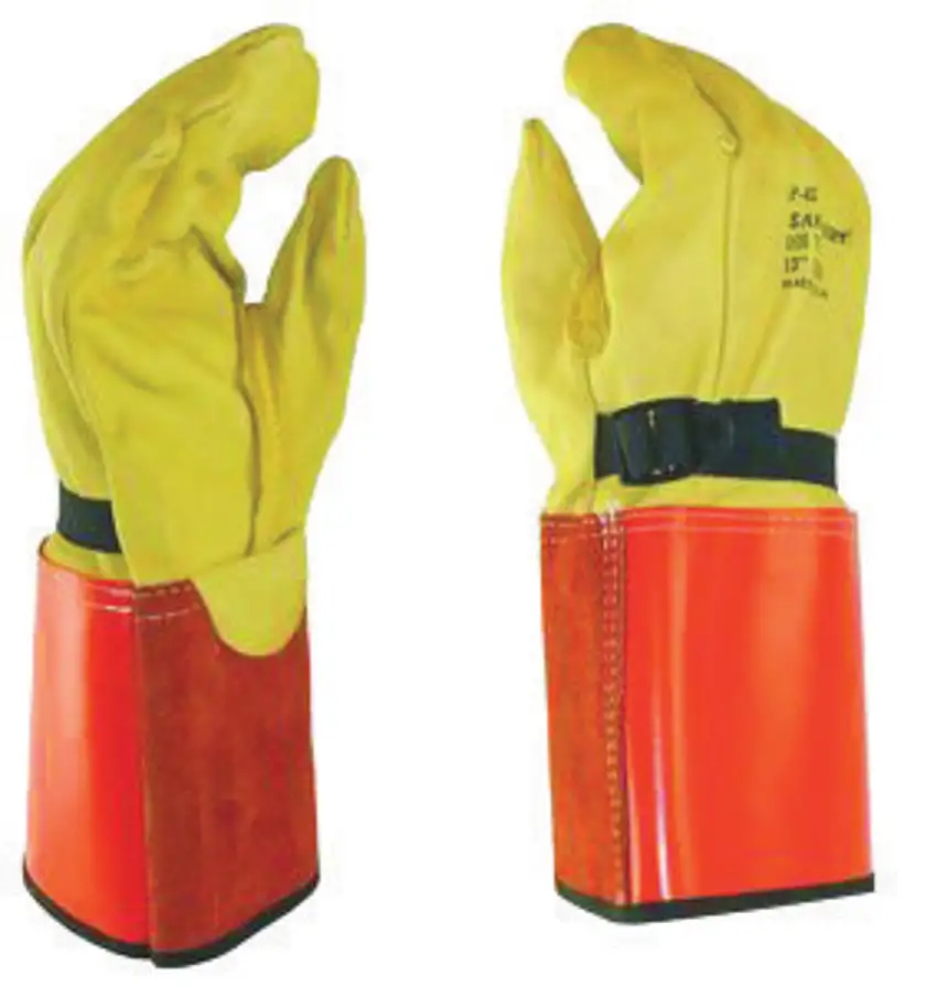 SALISBURY By PIP Size 8 12 Yellow 15 LP Series Top Grain Cowhide High Voltage Linesmens Glove Protector With Straight Cuff Leather On Palm Side Orange Vinyl On Back And Adjustable Straps With NonMetallic Buckles
