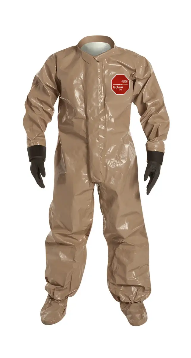 DuPont 3X Tan Tychem 5000, 18 mil Chemical Protective Coveralls With Attached Gloves And Attached Socks