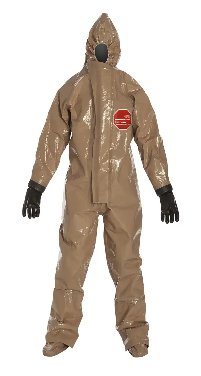 DuPont 2X Tan Tychem RESPONDER CSM 25 mil Chemical Protective Coveralls With Respirator Fitting Hood, Elastic Wrists And Attached Socks